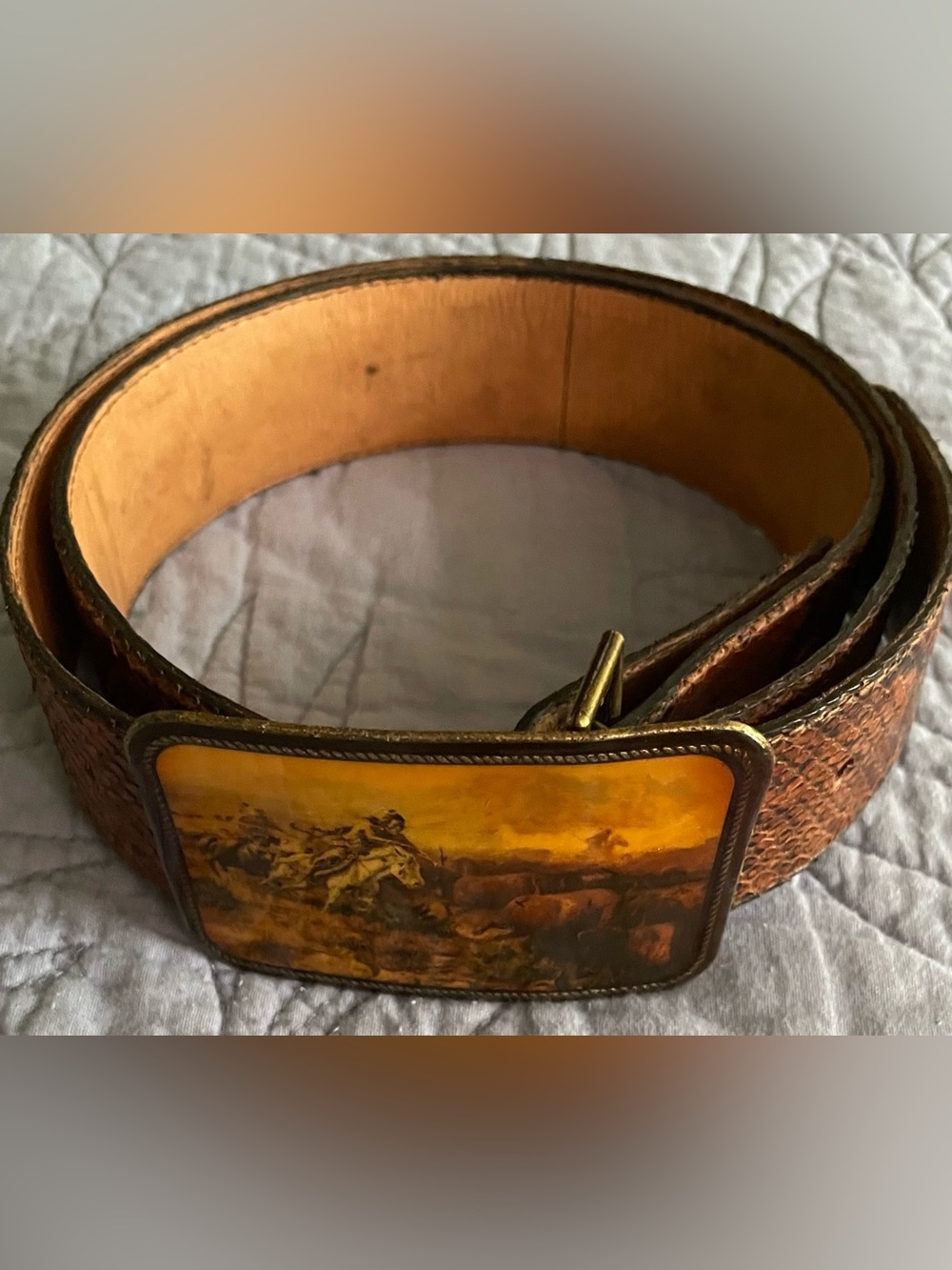Masterwork Western Belt Buckle - Buffalo Hunt Scene & 36” Leather Belt